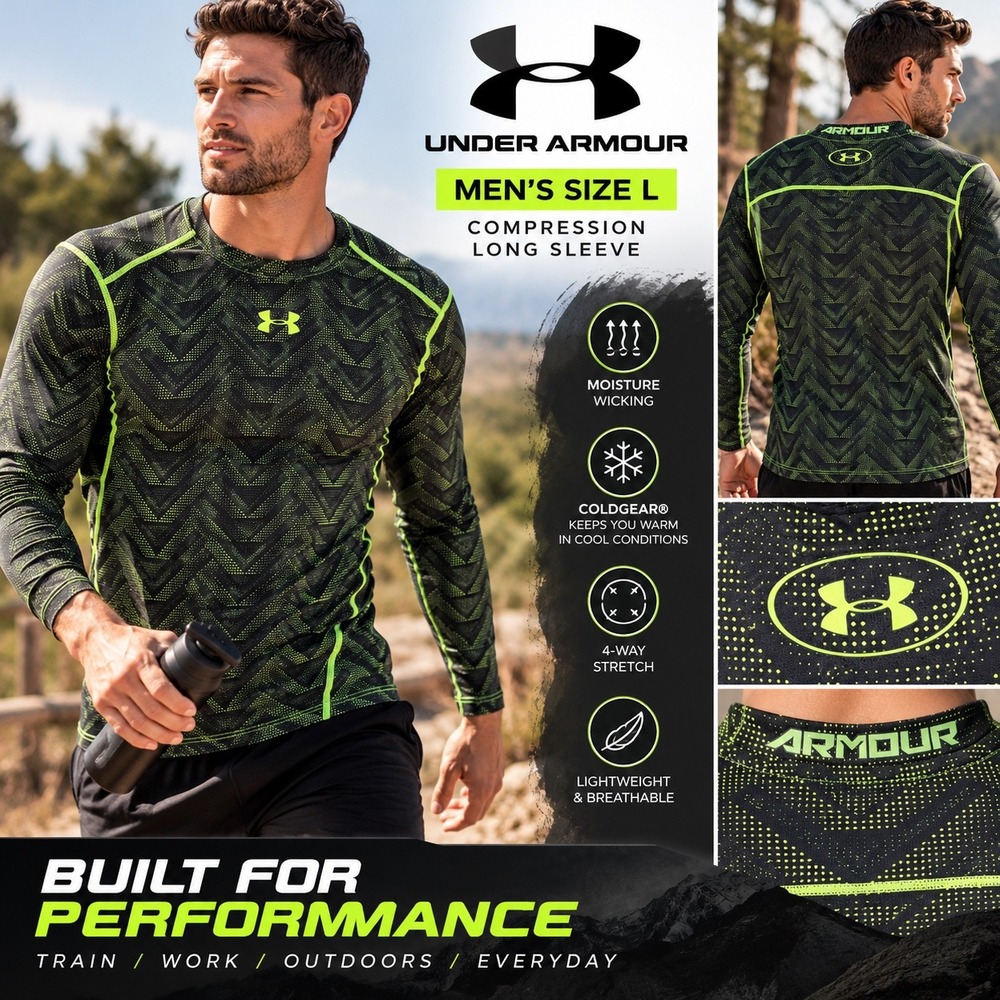 Under Armour ColdGear Compression Mens L Black Neon Green Long Sleeve Shirt Base
